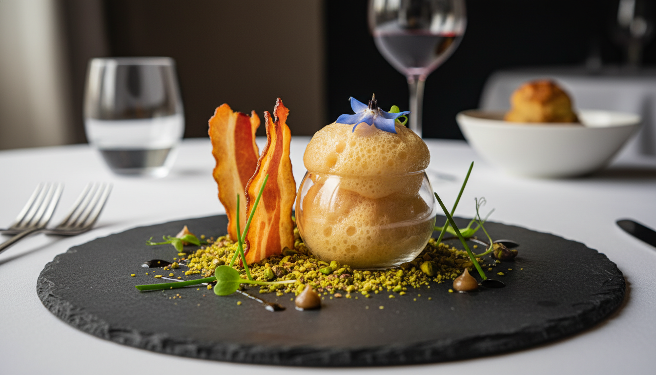 découvrez la délicatesse gourmande de notre espuma légère de maroilles, sublimée par des chips croustillantes de lard fumé pour une expérience savoureuse et raffinée.