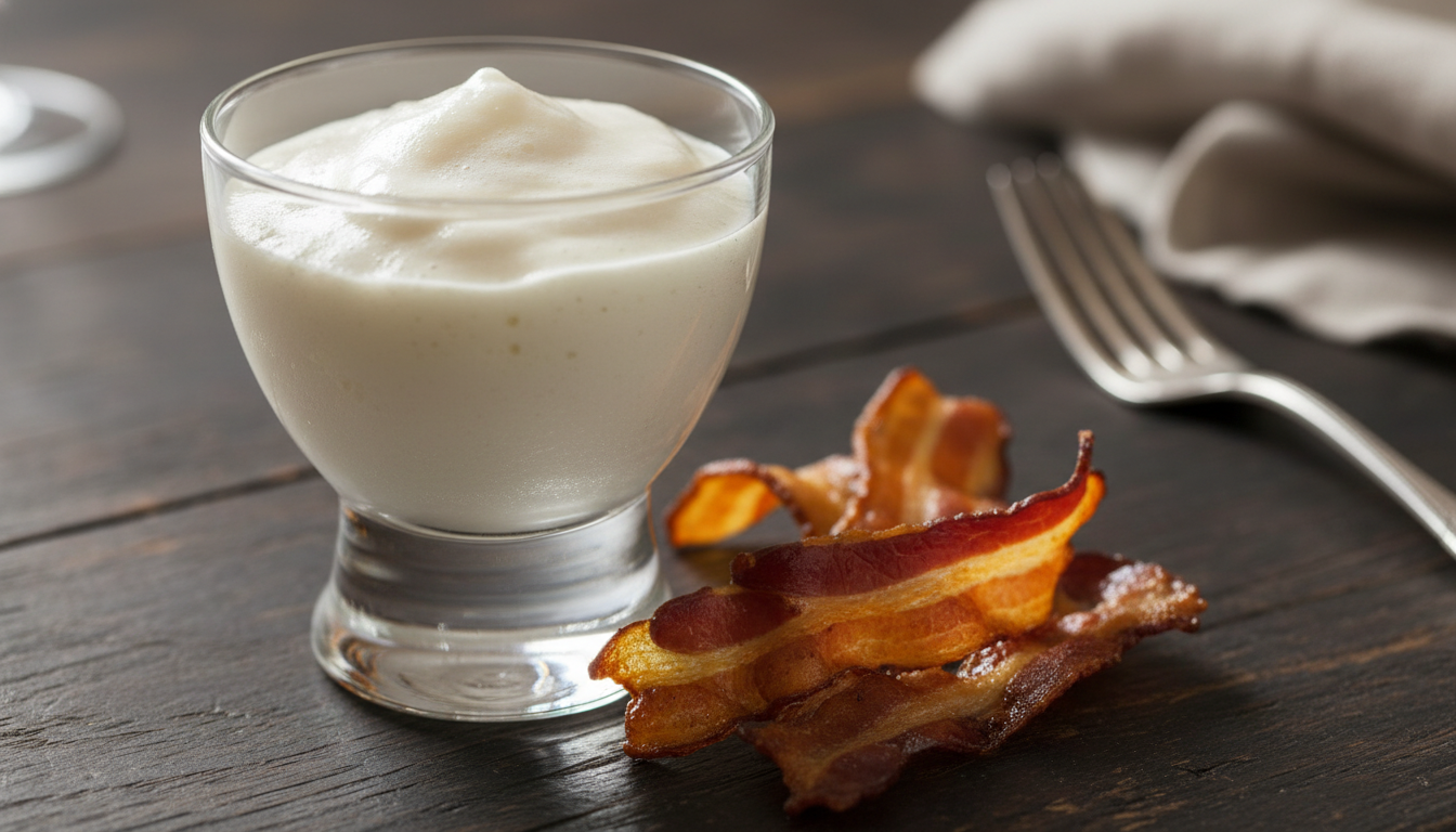 découvrez notre délicatesse gourmande : une espuma légère de maroilles sublimée par des chips croustillantes de lard fumé, une alliance parfaite de saveurs et de textures.