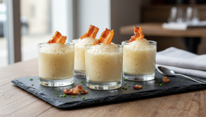 savourez une délicatesse gourmande avec une espuma légère de maroilles, sublimée par des chips croustillantes de lard fumé pour une explosion de saveurs raffinées.