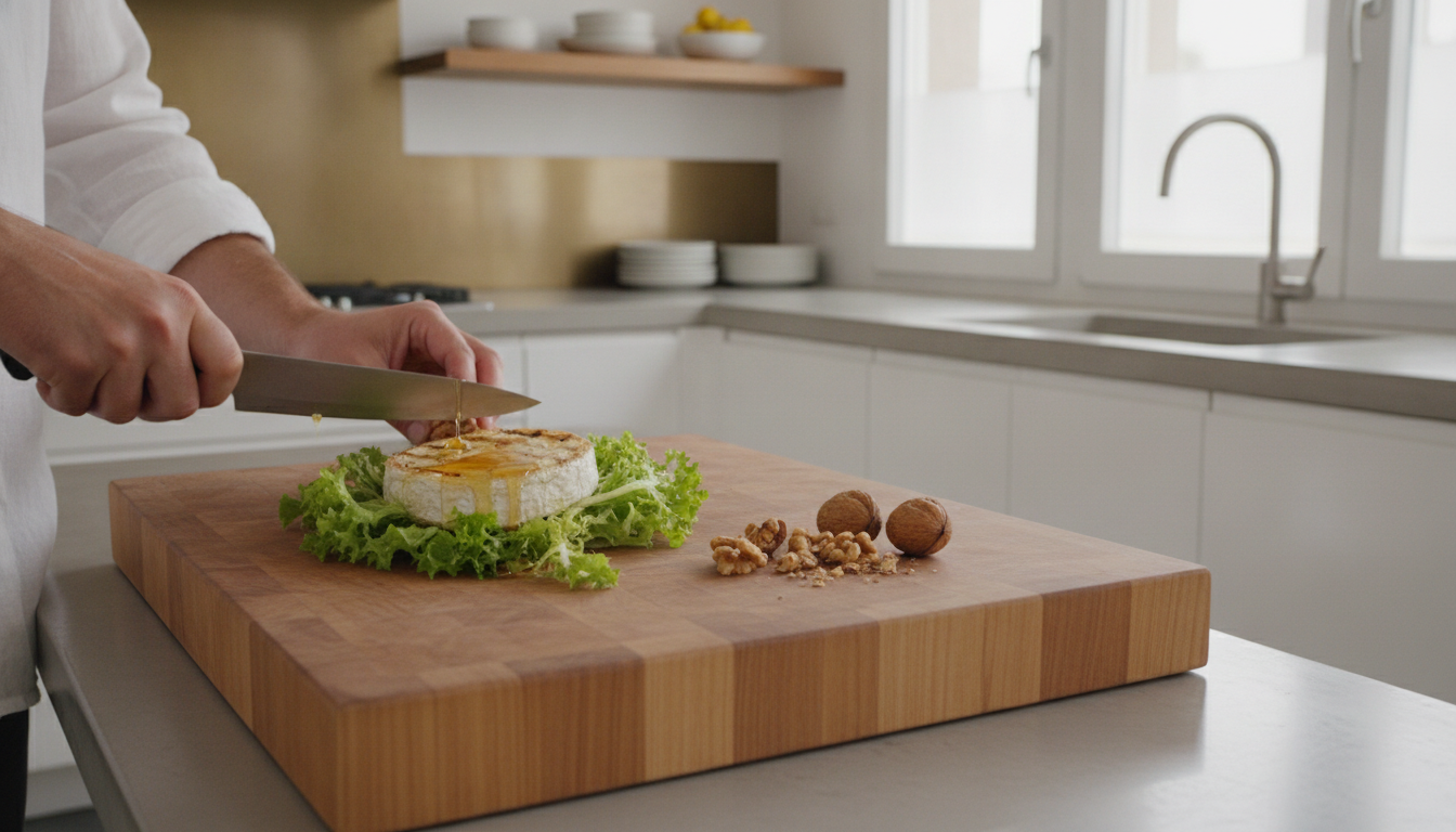 découvrez la salade frisée délice croquant, sublimée par le fromage de brebis chaud et un filet de miel fondant, pour une expérience gourmande et équilibrée.