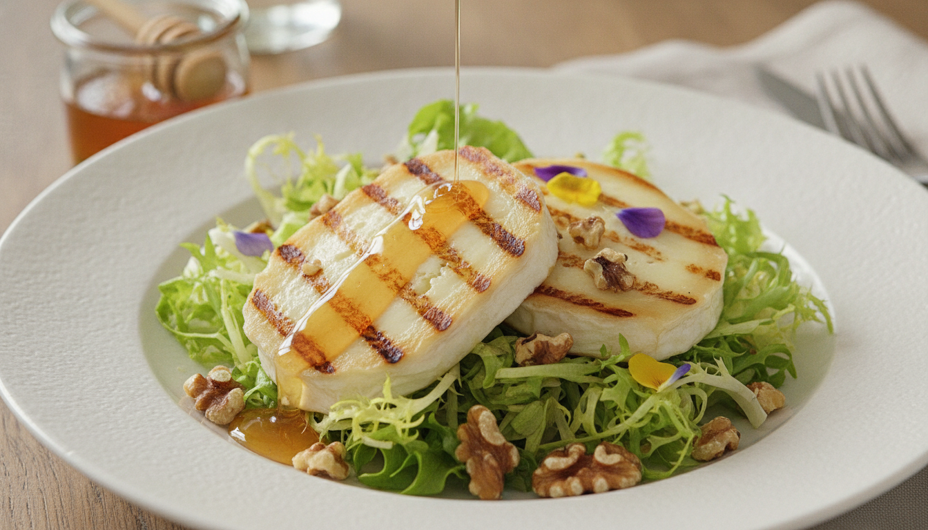 découvrez notre délice croquant : une salade frisée fraîche, agrémentée de fromage de brebis chaud et d'un filet de miel fondant pour une harmonie parfaite de saveurs.