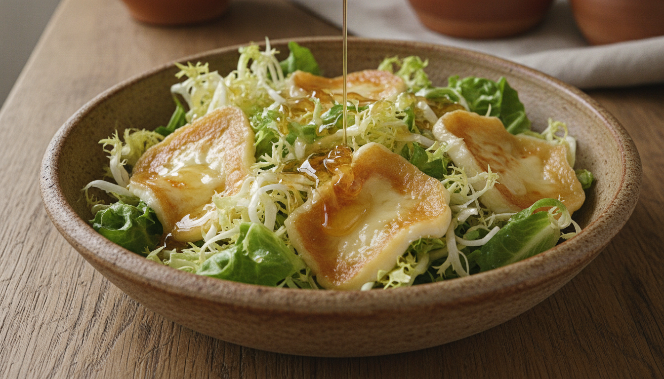 découvrez la salade frisée croquante sublimée par le fromage de brebis chaud et un filet de miel fondant, pour une explosion de saveurs gourmandes et chaleureuses.