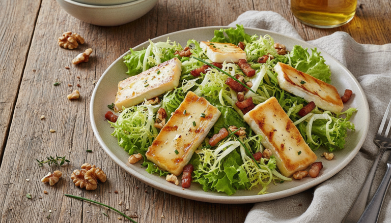 découvrez notre salade frisée gourmande, associant le fromage de brebis chaud et le miel fondant pour un délice croquant et savoureux.