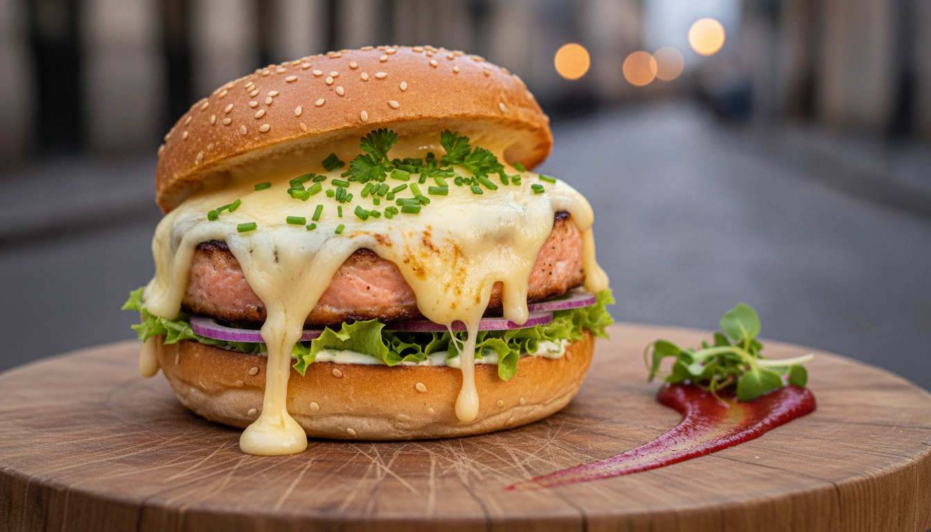 découvrez notre délice gourmand : un burger fondant alliant fromage crémeux et saumon fumé délicat pour une expérience gustative unique et raffinée.