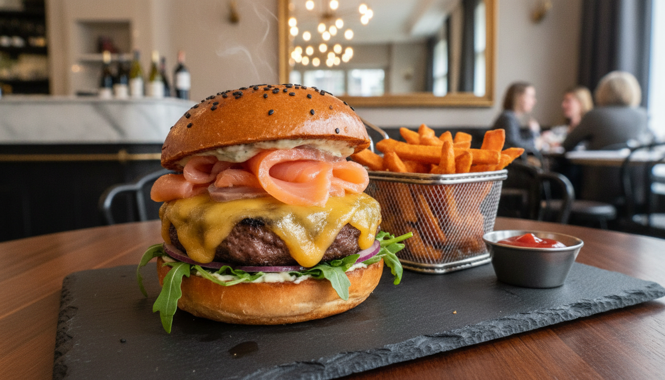 découvrez notre délice gourmand : un burger fondant au fromage avec du saumon fumé, alliant saveurs authentiques et textures délicates pour un plaisir gustatif unique.