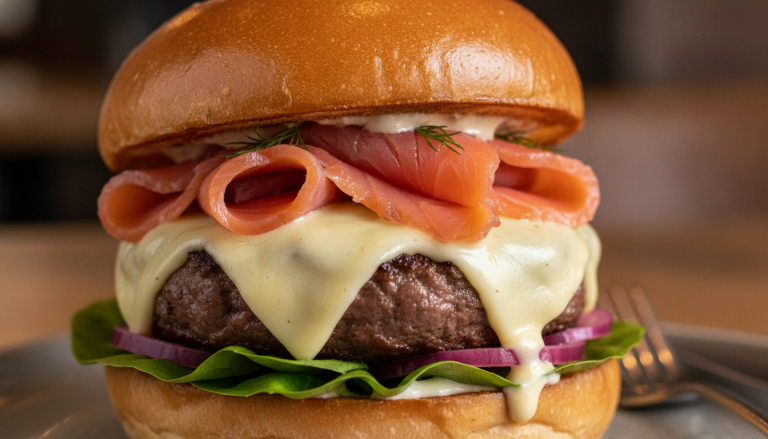 découvrez notre burger fondant au fromage et saumon fumé, une délicieuse fusion de saveurs gourmandes idéale pour un repas raffiné et réconfortant.