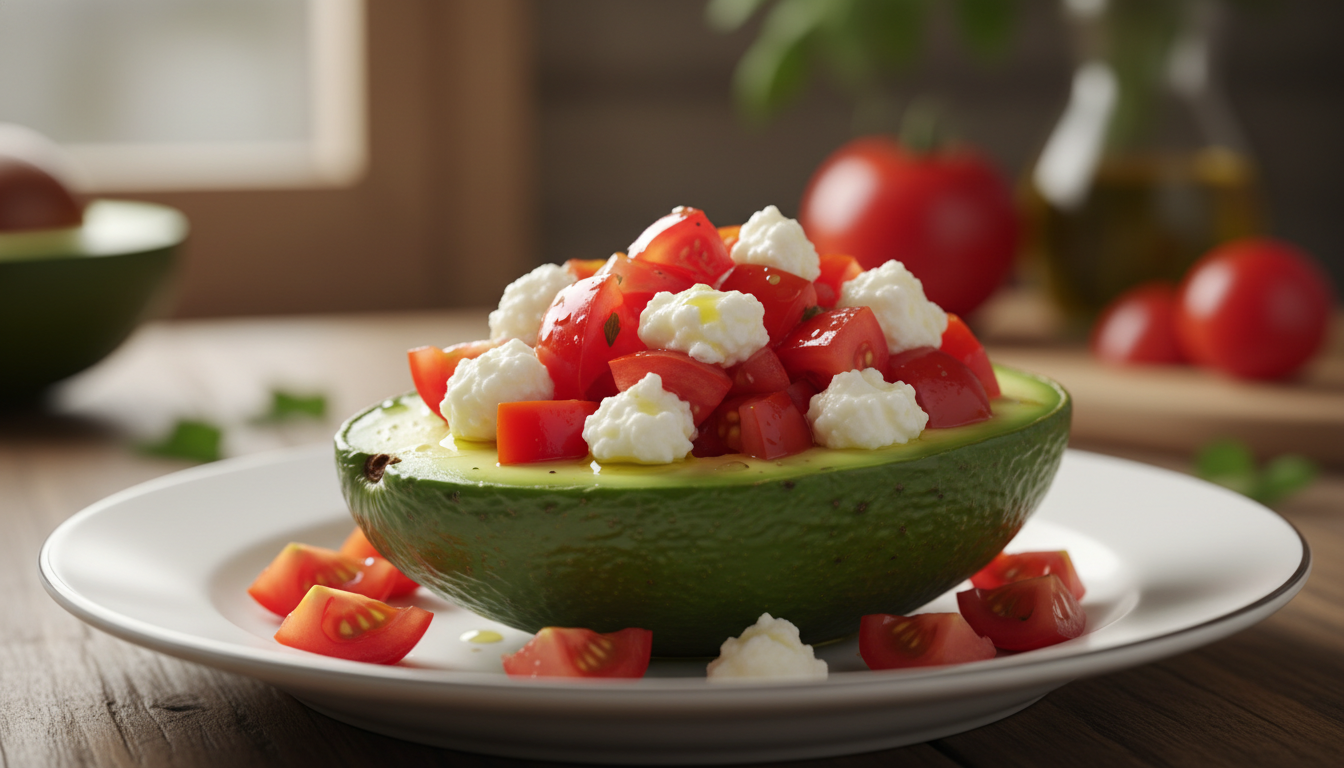 découvrez notre recette simple et savoureuse de délice d'avocat farci à la tomate et au fromage, idéale pour un repas frais et gourmand.