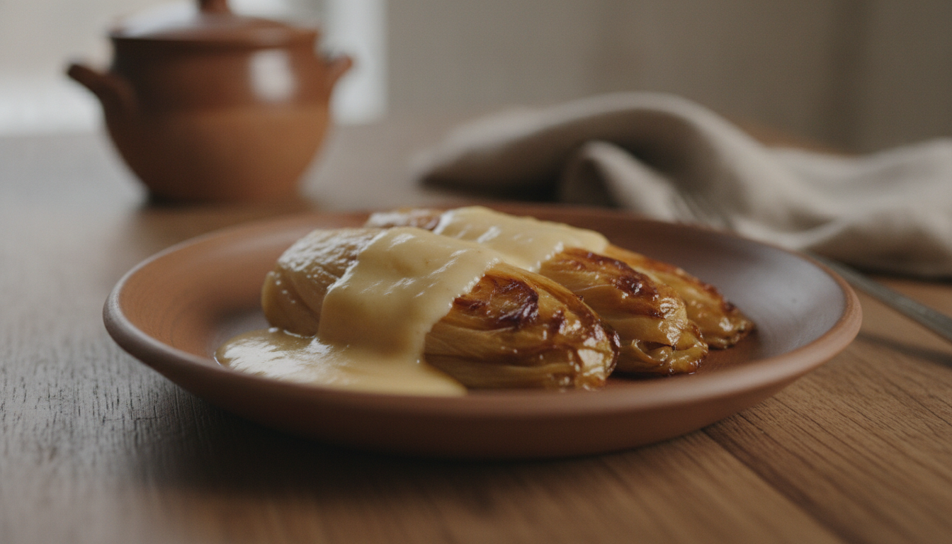 découvrez notre recette savoureuse de délice d'endives braisées nappées d'une onctueuse crème au maroilles, parfaite pour régaler vos papilles avec des saveurs riches et authentiques.