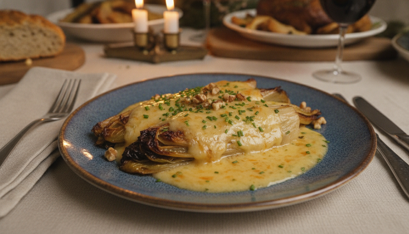 découvrez notre recette savoureuse d'endives braisées nappées d'une onctueuse crème au maroilles, un délice authentique et réconfortant à savourer en toute saison.