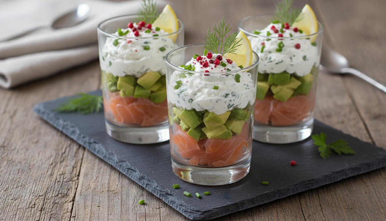 découvrez une recette raffinée de verrine alliant saumon fumé, avocat crémeux et fromage frais aux fines herbes et ail, parfaite pour un apéritif frais et gourmand.
