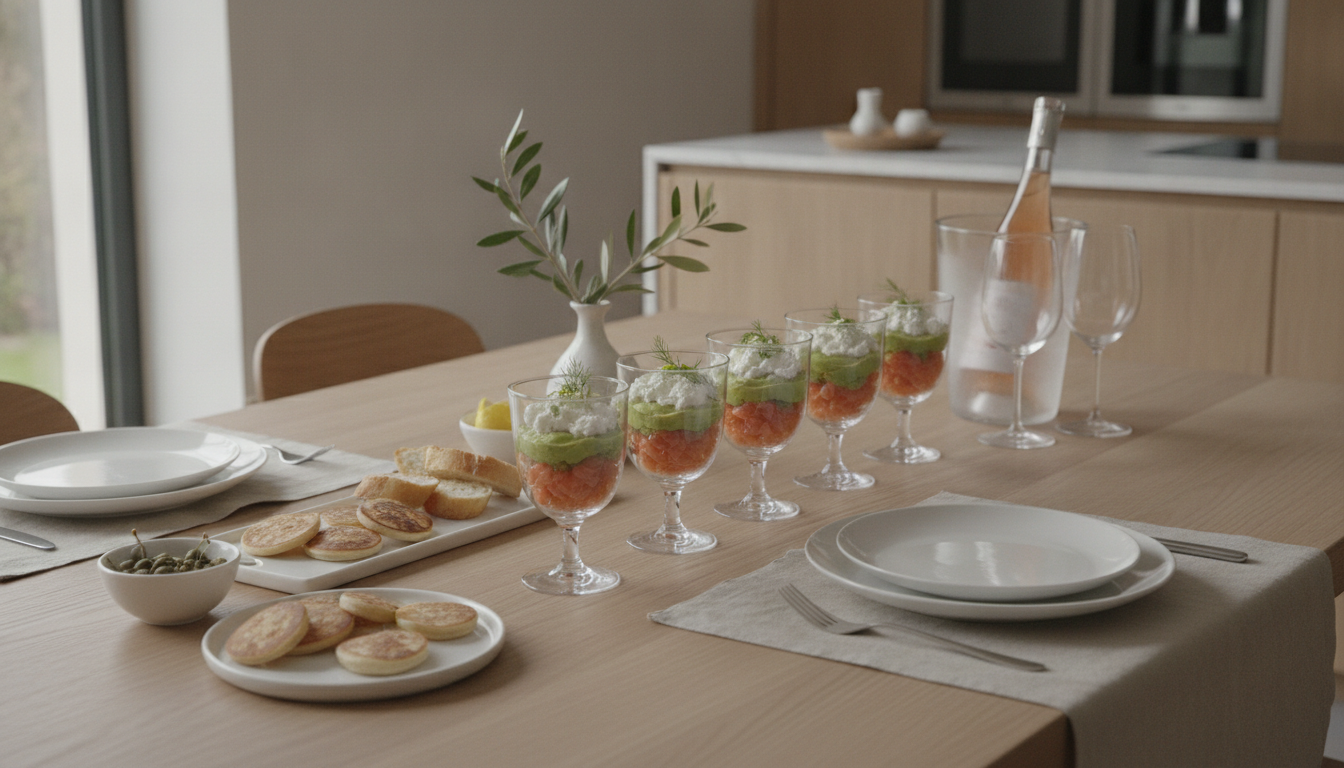 découvrez une recette gourmande et raffinée : saumon fumé, avocat crémeux et fromage frais aux fines herbes et ail, présentés en verrine pour un apéritif frais et élégant.
