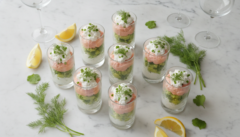 découvrez notre recette savoureuse de délice en verrine alliant saumon fumé, avocat crémeux et fromage frais aux fines herbes et ail, parfaite pour une entrée fraîche et gourmande.