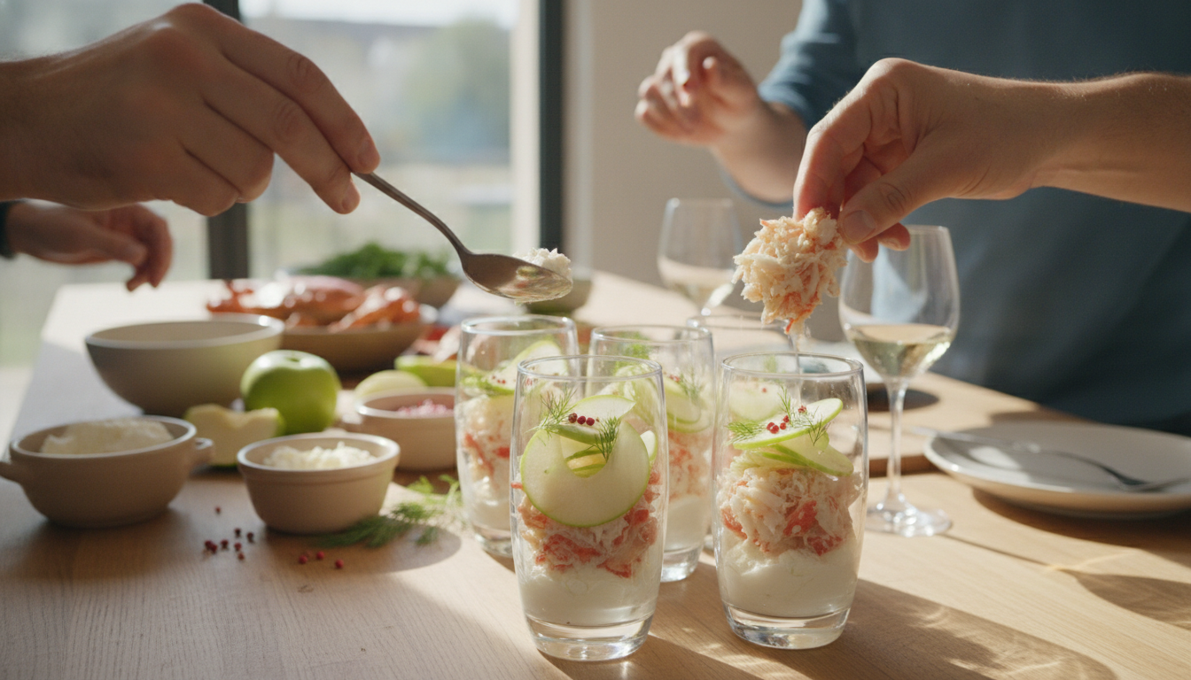 découvrez notre recette gourmande de verrines alliant pommes vertes croquantes et tourteau au fromage frais, pour une explosion de saveurs à chaque bouchée.