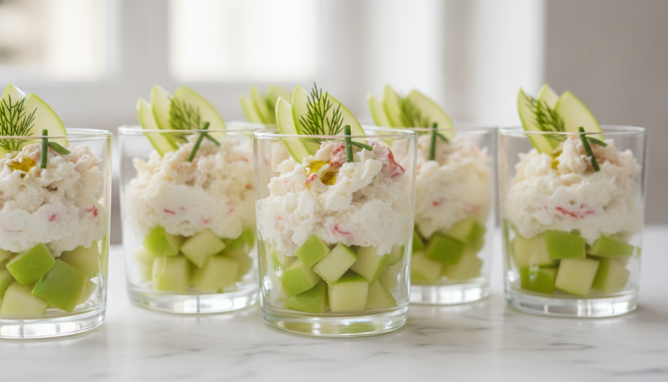 découvrez la recette gourmande de délice en verrines alliant pommes vertes croquantes et tourteau au fromage frais, parfaite pour une entrée fraîche et savoureuse.