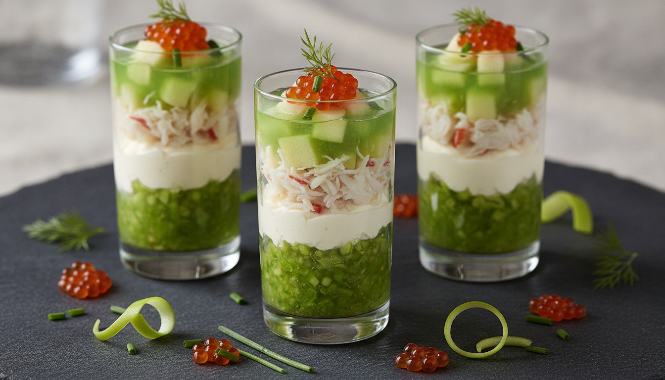 découvrez notre recette gourmande de verrines alliant pommes vertes croquantes et tourteau au fromage frais, pour une explosion de saveurs fraîches et raffinées à chaque bouchée.
