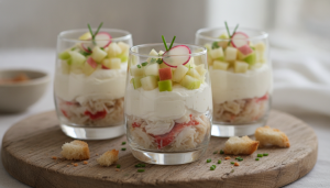 découvrez une recette gourmande de délice en verrines alliant pommes vertes croquantes et tourteau au fromage frais, parfaite pour une entrée fraîche et savoureuse.