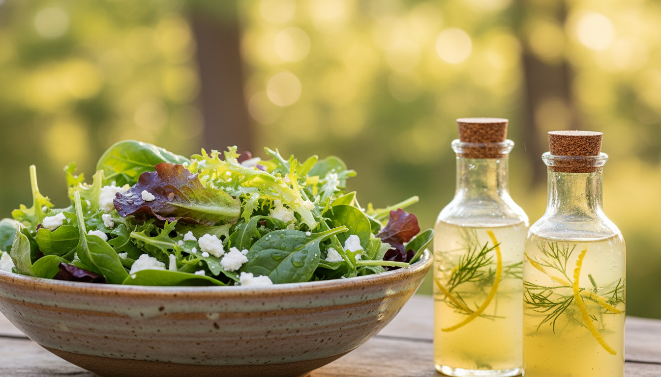 découvrez une salade estivale fraîche et raffinée mêlant mesclun croquant, fromage savoureux et une vinaigrette délicatement parfumée au yuzu pour une explosion de saveurs en bouche.