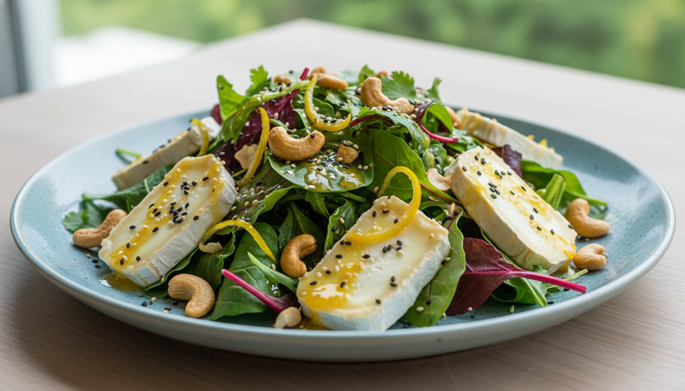 savourez un délice estival avec notre salade de mesclun au fromage, relevée d'une vinaigrette parfumée au yuzu, pour une touche fraîche et originale.