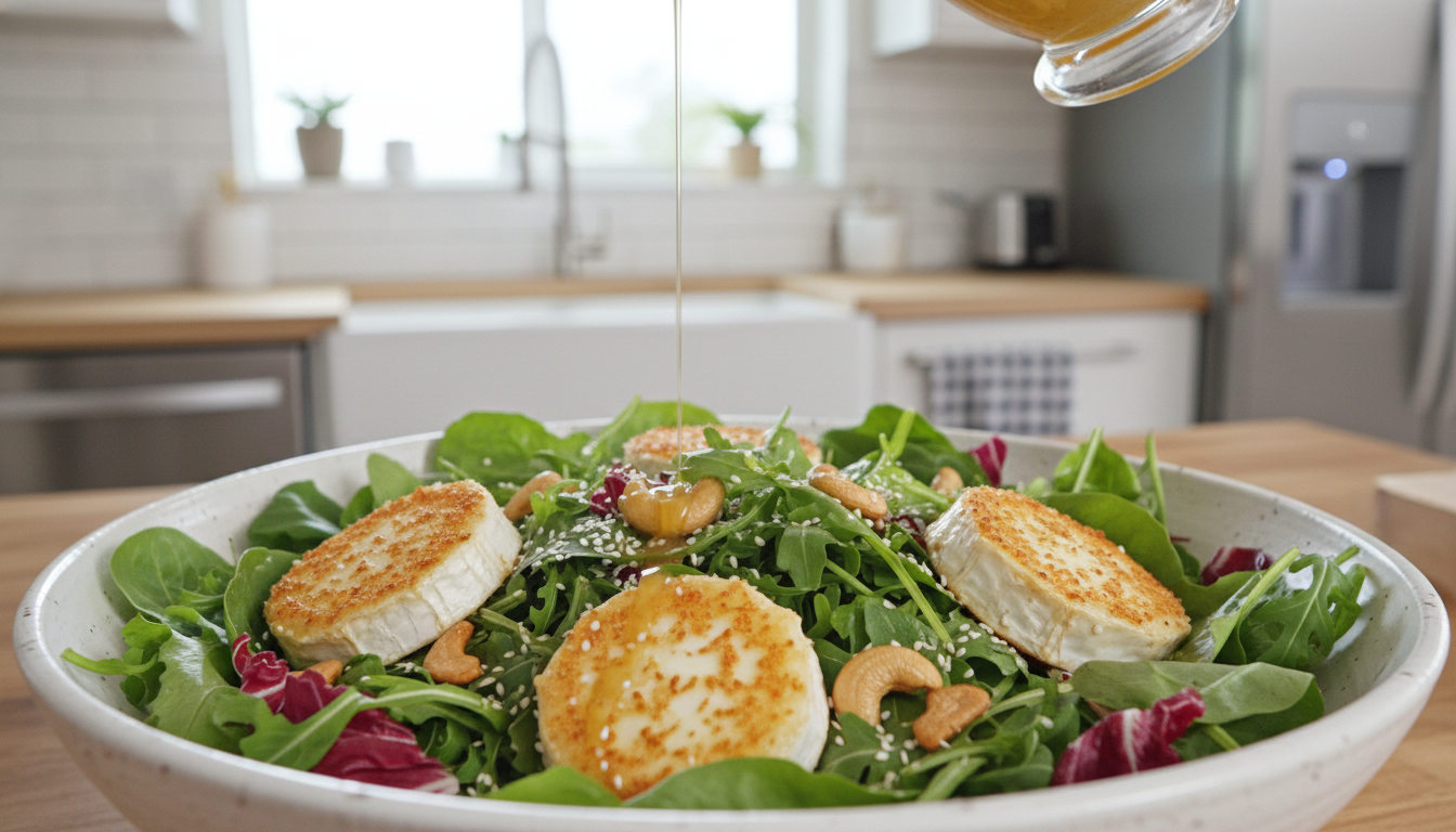 découvrez une salade estivale rafraîchissante de mesclun agrémentée de fromage fondant et d'une vinaigrette délicatement parfumée au yuzu, parfaite pour vos repas légers et savoureux.