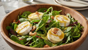 découvrez notre délicieuse salade de mesclun au fromage, rehaussée par une vinaigrette parfumée au yuzu, parfaite pour un repas estival léger et savoureux.