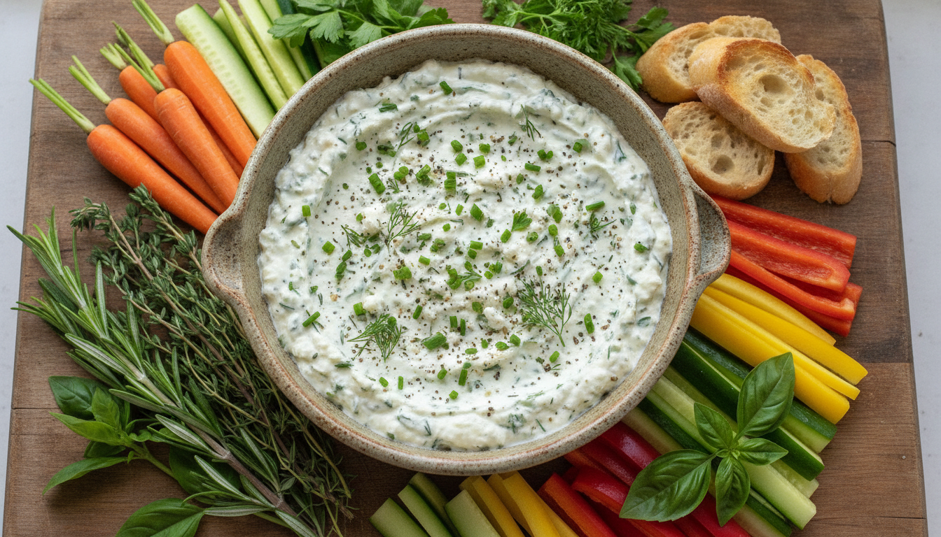 découvrez notre dip aux herbes aromatiques fraîches et au fromage de chèvre onctueux, une délicieuse recette facile à préparer pour des apéritifs gourmands et savoureux.