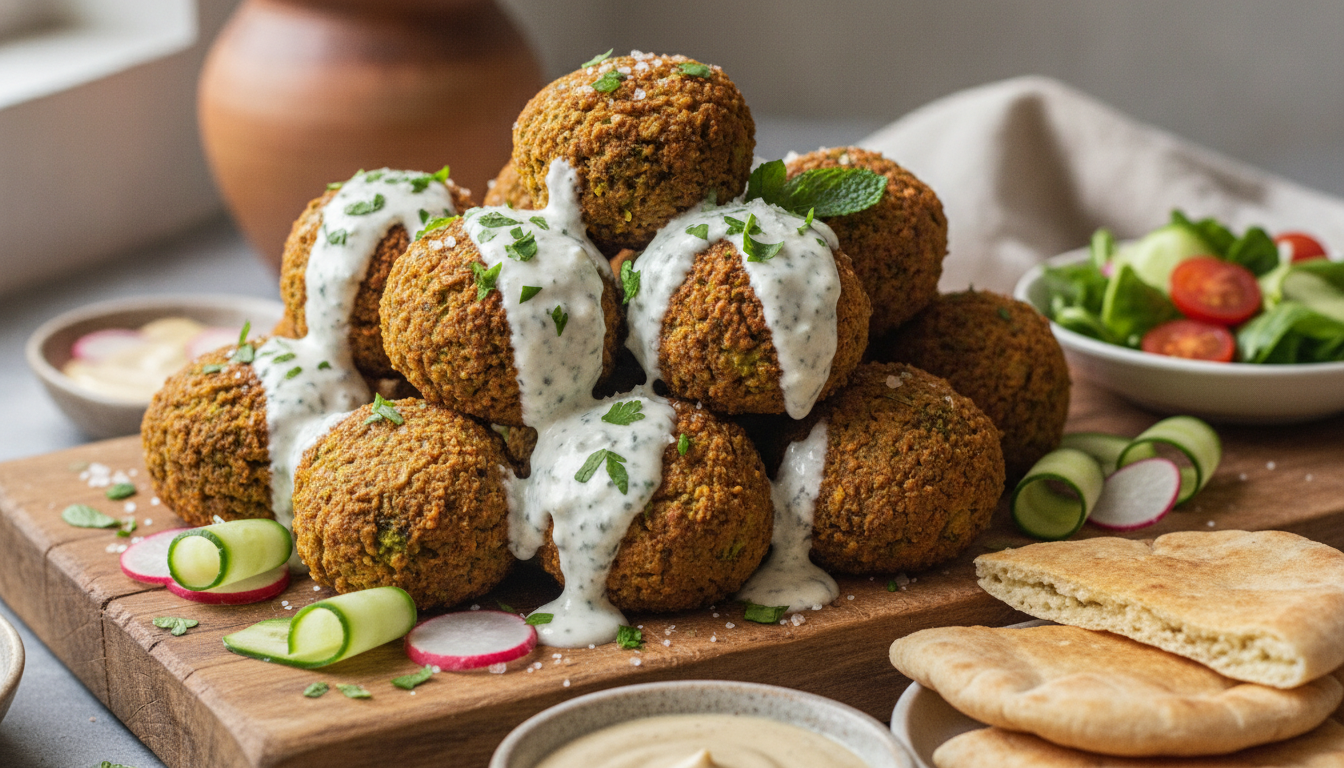 savourez nos falafels maison aux pois chiches et brocolis, généreusement nappés de fromage bleu pour un délice gourmand et original.