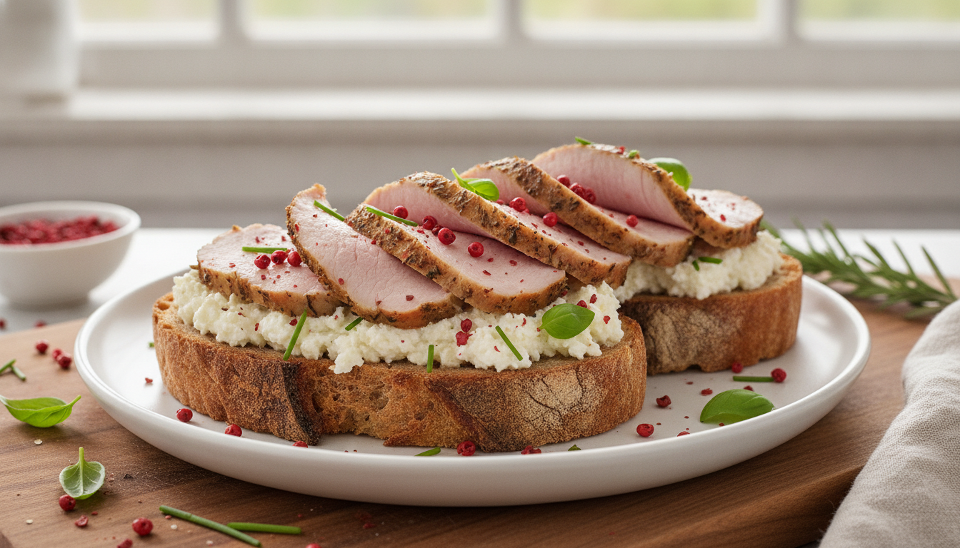 savourez une tartine croustillante alliant filet mignon tendre et fromage frais onctueux, pour un délice gourmand à chaque bouchée.