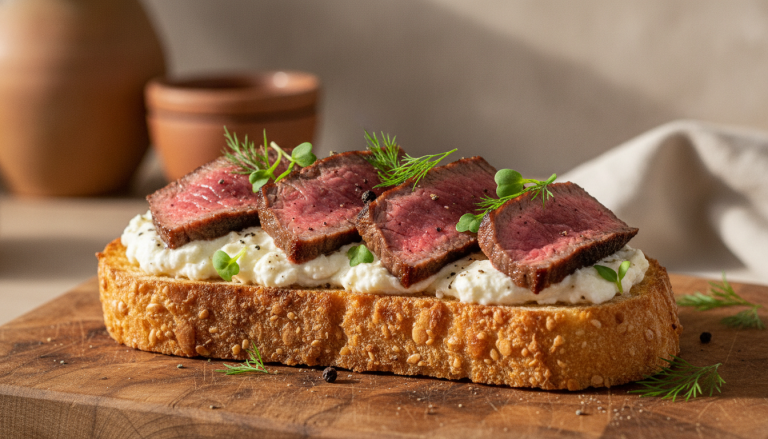 savourez une tartine croustillante au filet mignon et fromage frais, une recette gourmande alliant douceur et texture pour un plaisir gustatif unique.