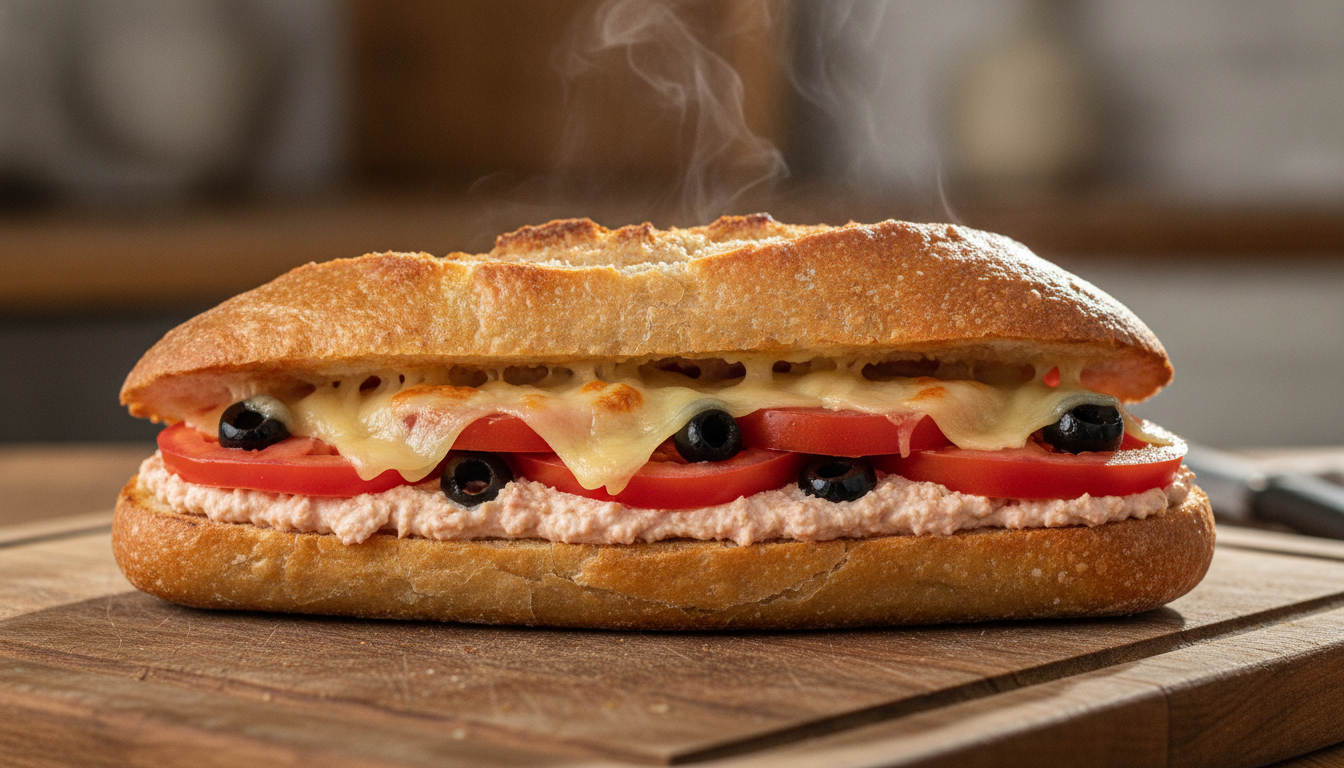 découvrez notre sandwich gourmand alliant la fraîcheur des tomates et des olives, la douceur du tarama de cabillaud et le fondant de l'emmental pour un délice léger et savoureux.