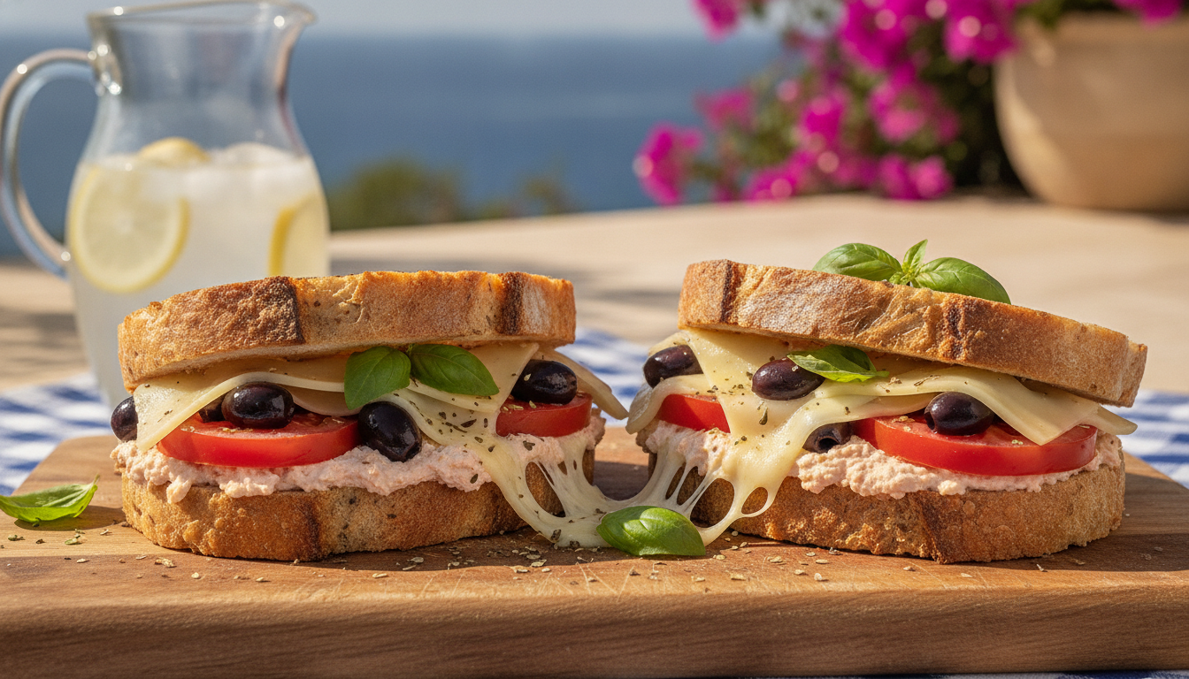 savourez un sandwich gourmand et léger alliant tomates fraîches, olives savoureuses, tarama de cabillaud onctueux et emmental fondant pour une explosion de saveurs.