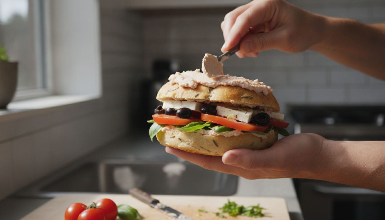 savourez un sandwich léger et gourmand aux saveurs méditerranéennes avec tomates fraîches, olives, tarama de cabillaud et emmental fondant pour une pause délicieuse et raffinée.