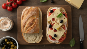 savourez un sandwich léger et gourmand alliant tomates fraîches, olives savoureuses, tarama de cabillaud délicat et emmental fondant pour un délice irrésistible.
