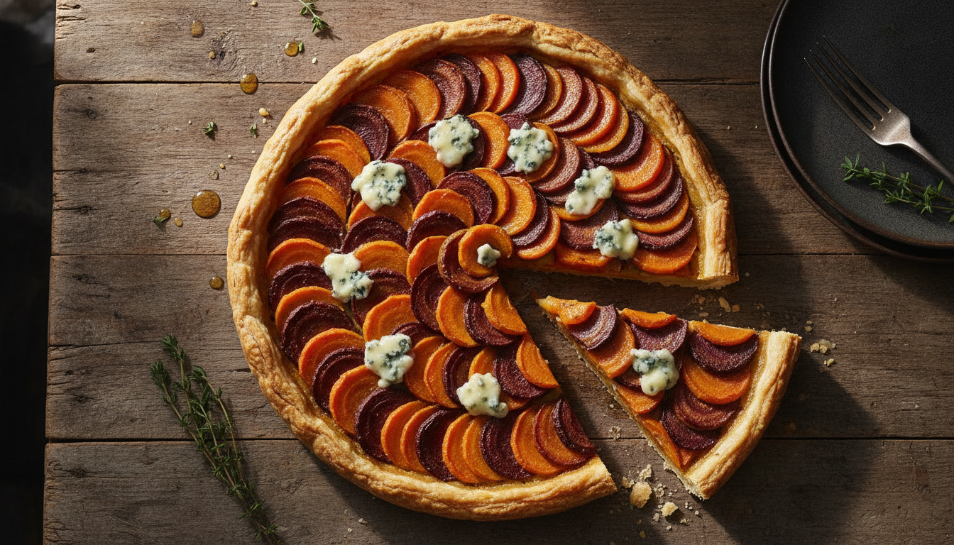 découvrez notre tarte fondante aux carottes caramélisées et fromage bleu, une parfaite harmonie sucré-salé pour un délice gourmand et original.