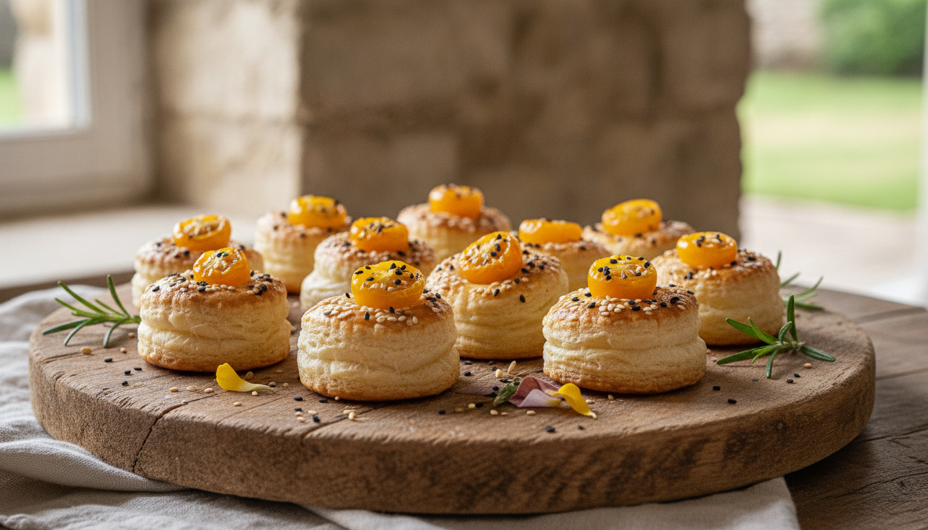 découvrez nos délices croquants : mini feuilletés légers à la tomate et graines de sésame, parfaits pour un apéritif gourmand et savoureux.