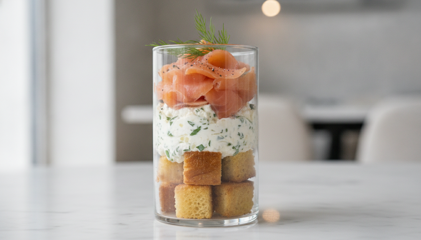 découvrez une délicieuse verrine gourmande alliant saumon fumé, brioche moelleuse et fromage frais aux ail et fines herbes, pour une entrée fraîche et savoureuse.