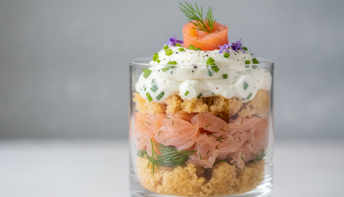 découvrez notre verrine gourmande alliant saumon fumé, brioche moelleuse et fromage frais aux ail et fines herbes, une recette délicate et savoureuse pour vos apéritifs ou entrées.