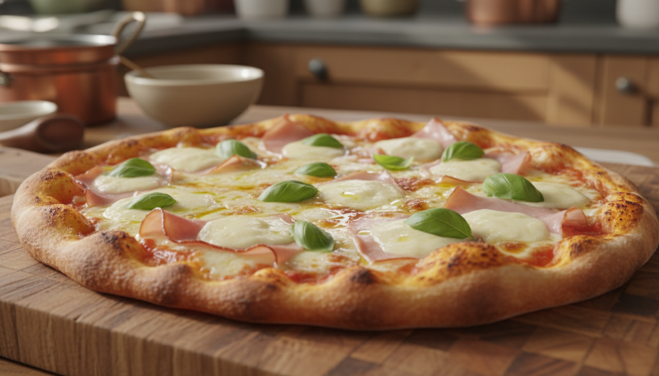 savourez une délicieuse pizza maison garnie de jambon fumé et de fromages italiens fondants, pour un repas gourmand et authentique.