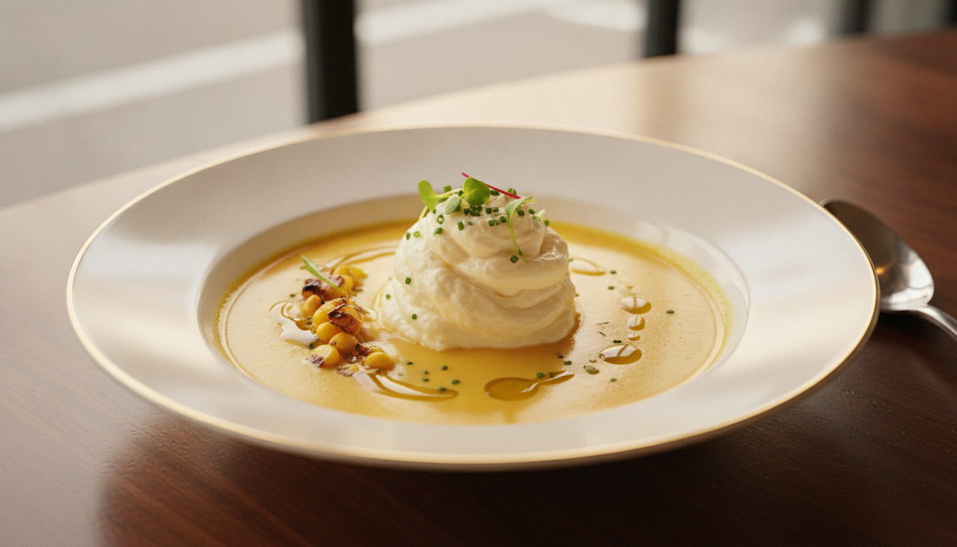 découvrez notre délicieuse soupe de maïs onctueuse au fromage, accompagnée d'une chantilly gourmande pour une expérience culinaire réconfortante et savoureuse.