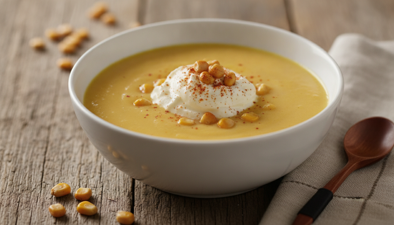 savourez une délicieuse soupe de maïs onctueuse au fromage, agrémentée d'une chantilly gourmande pour une expérience réconfortante et raffinée.