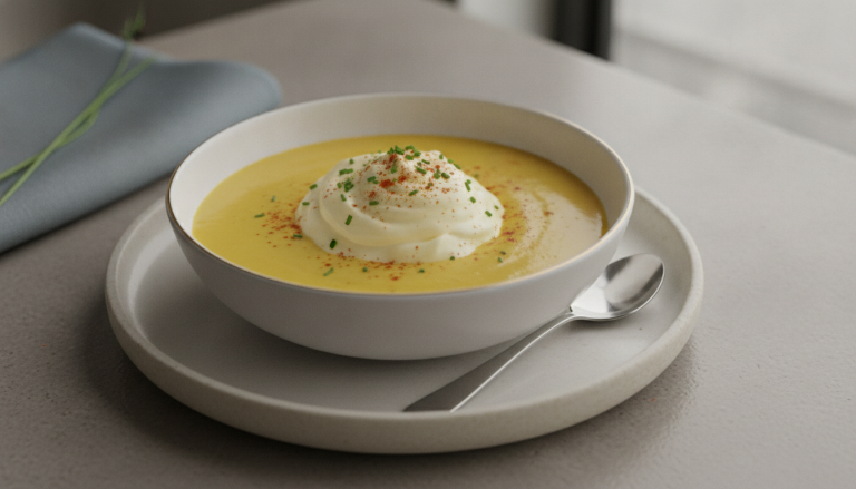 savourez notre délicieuse soupe de maïs onctueuse au fromage, rehaussée d'une chantilly gourmande pour un plaisir unique et réconfortant.