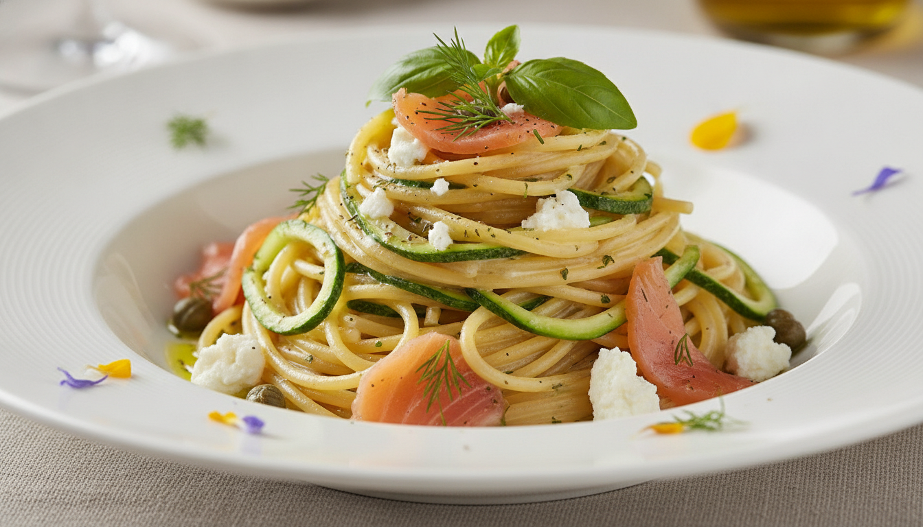 savourez des spaghettis aux courgettes et saumon fumé, délicatement nappés d'une sauce onctueuse au chèvre frais pour un plat gourmand et raffiné.