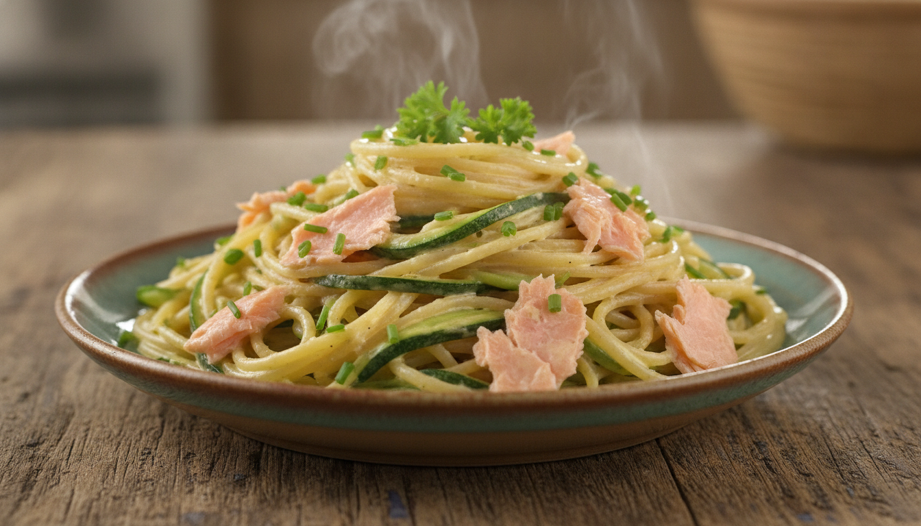 savourez nos spaghettis aux courgettes et saumon fumé, délicatement nappés d'une sauce onctueuse au chèvre frais, pour un repas gourmand et équilibré.