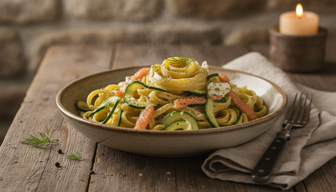 découvrez notre recette savoureuse de spaghettis aux courgettes et saumon fumé, mélangés à une sauce onctueuse au chèvre frais pour un repas léger et gourmand.