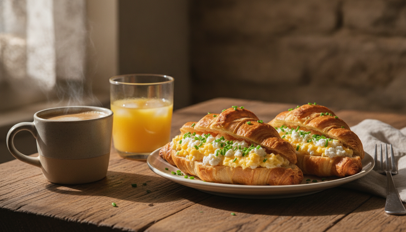 découvrez notre recette gourmande de croissants garnis d'œufs brouillés onctueux et de fromage frais, pour un petit-déjeuner savoureux et facile à préparer.