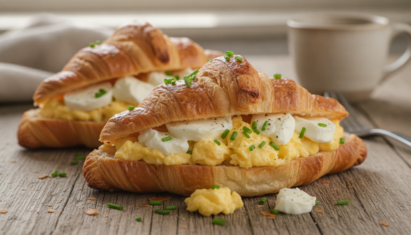 découvrez notre recette gourmande de croissants garnis d'œufs brouillés onctueux et de fromage frais, pour un réveil délicieux et plein de saveurs.