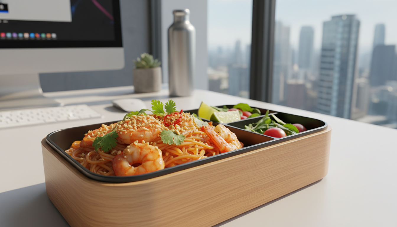 découvrez notre recette légère et pratique de pad thaï aux crevettes, parfaite pour un repas savoureux à emporter. facile à préparer et idéale pour vos déjeuners sur le pouce.