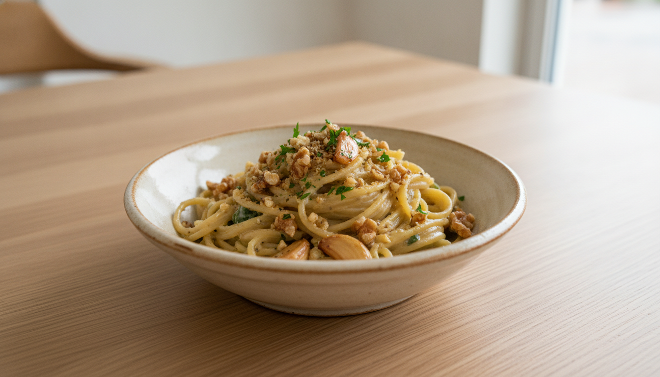 découvrez une recette savoureuse de pâtes gourmandes à la sauce légère d’ail et noix, parfaite pour un repas sain et plein de saveurs.