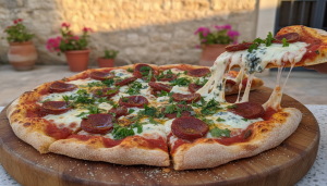 découvrez notre pizza aux saveurs d'orient, une délicieuse alliance de merguez épicées et de fromage bleu fondant pour une expérience culinaire unique.