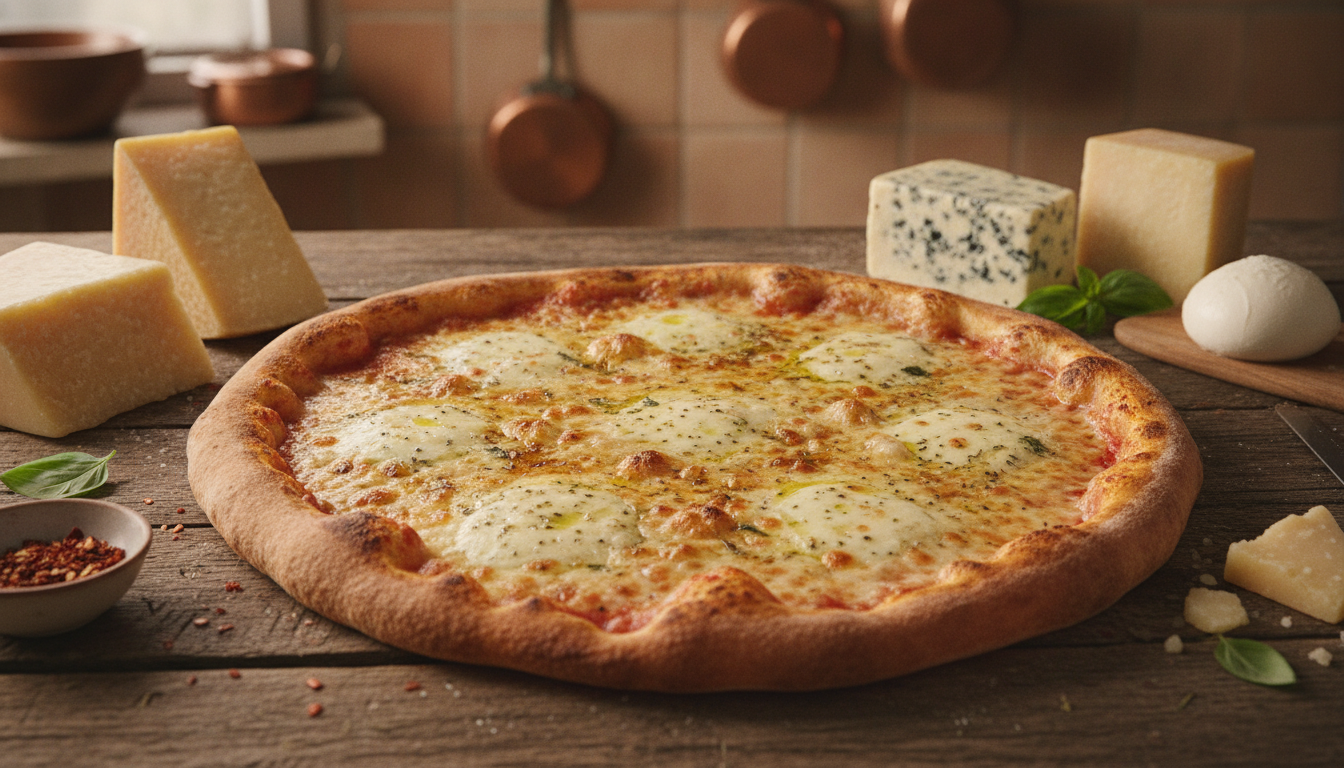 découvrez la pizza quatre fromages, alliant une sélection gourmande de fromages fondants pour une explosion de saveurs authentiques à chaque bouchée.