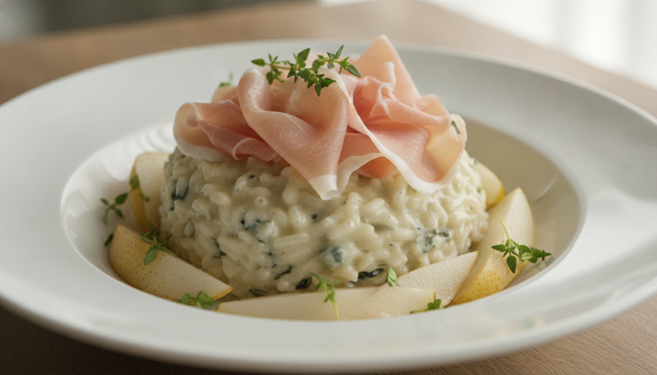 découvrez notre recette savoureuse et raffinée de risotto crémeux au fromage bleu, jambon cru et poires délicates, pour un plat gourmand et élégant à partager.